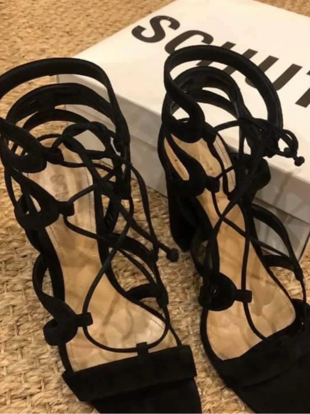 SCHUTZ Black Suede Lace-Up Block Heel Sandals
